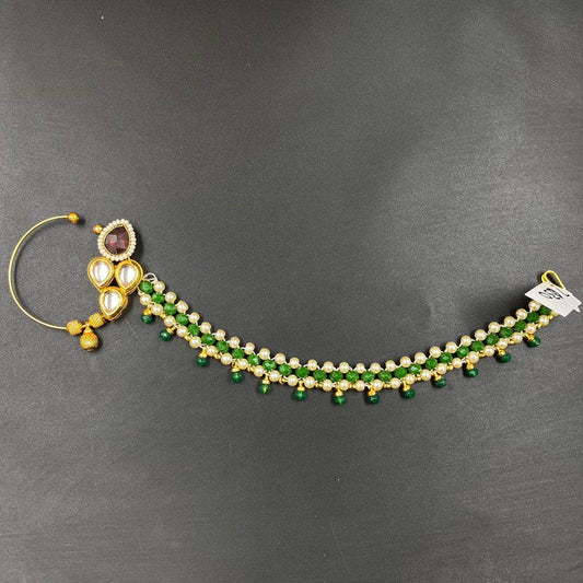 Zevar Nath Gold-Plated White & Green Kundan-Studded Pearl Beaded Chained Bridal Nose Pin By Zevar