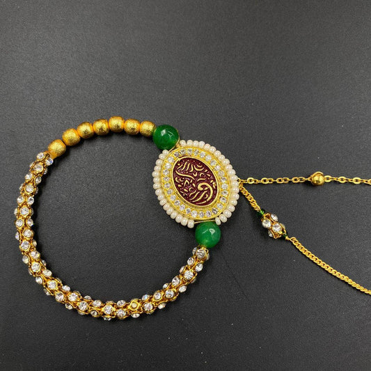 Zevar Nath Gold-Plated White & Green Pearl Beaded Chained Bridal Nose Pin By Zevar