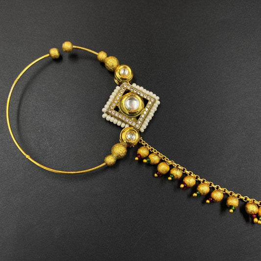 Zevar Nath Gold-Plated & White Kundan-Studded Pearl Beaded Chained Bridal Nose Pin By Zevar