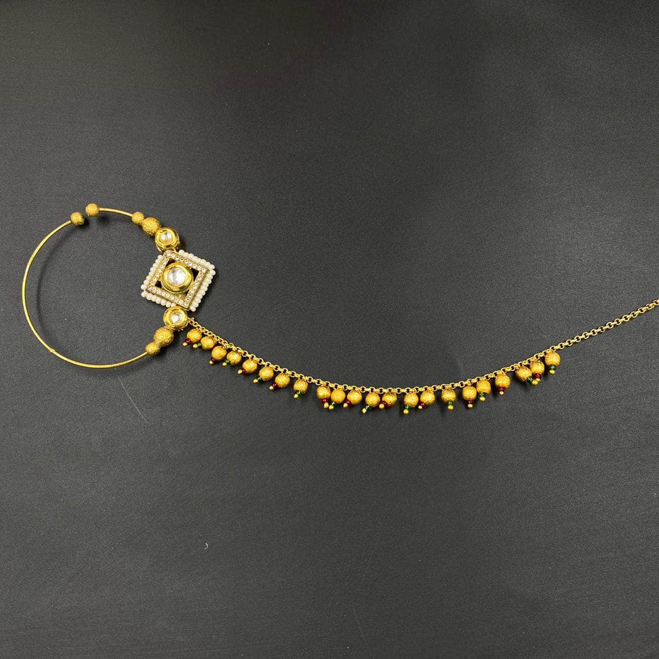 Zevar Nath Gold-Plated & White Kundan-Studded Pearl Beaded Chained Bridal Nose Pin By Zevar