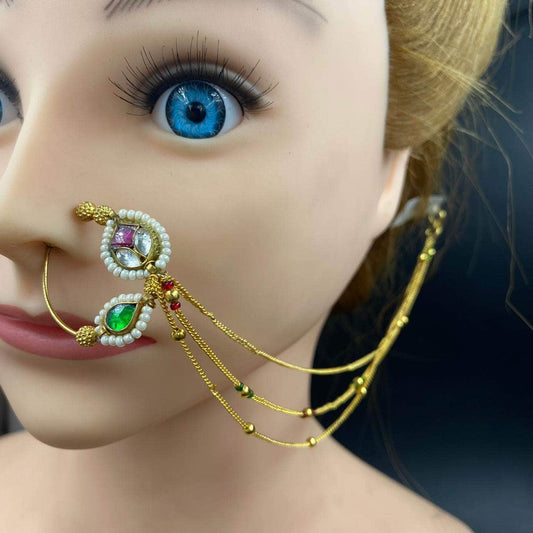 Zevar Nath Gold-Plated & White Kundan-Studded Pearl Beaded Chained Bridal Nose Pin By Zevar