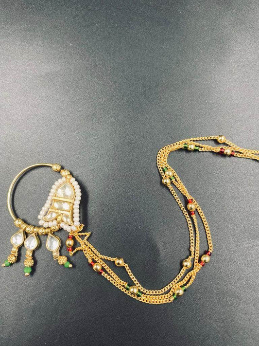 Zevar Nath Gold-Plated & White Kundan-Studded Pearl Beaded Chained Bridal Nose Pin By Zevar