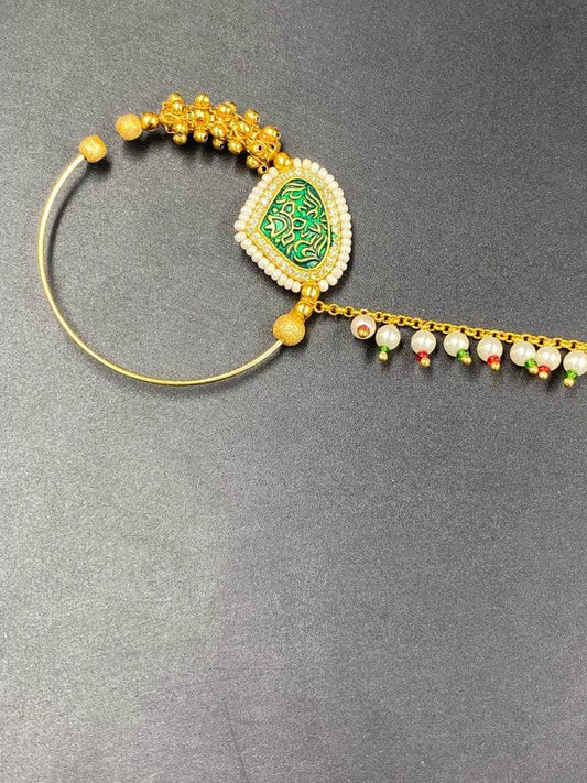 Zevar Nath Gold-Plated & White Kundan-Studded Pearl Beaded Chained Bridal Nose Pin By Zevar