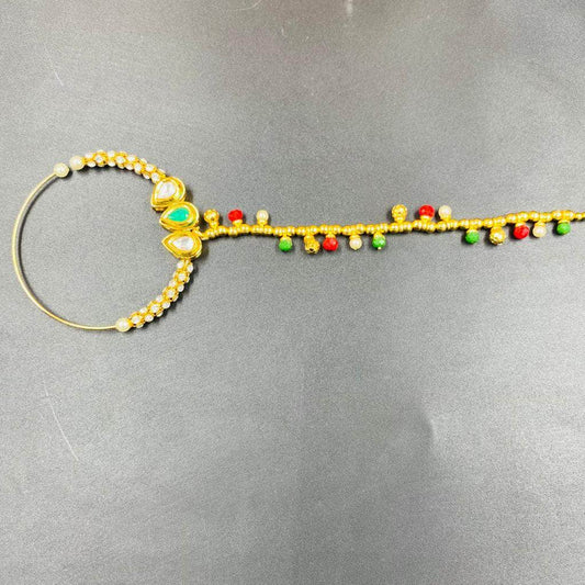 Zevar Nath Gold-Plated & White Kundan-Studded Pearl Beaded Chained Bridal Nose Pin By Zevar