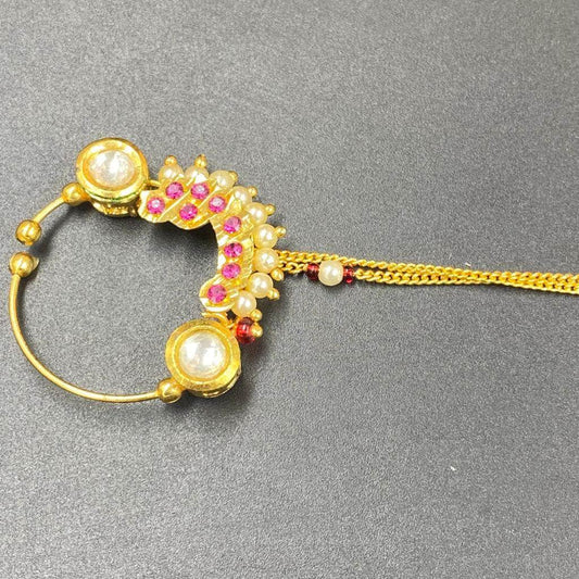 Zevar Nath Gold-Plated & White Kundan-Studded Pearl Beaded Chained Bridal Nose Pin By Zevar