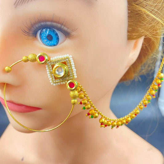 Zevar Nath Gold-Plated & White Kundan-Studded Pearl Beaded Chained Bridal Nose Pin By Zevar