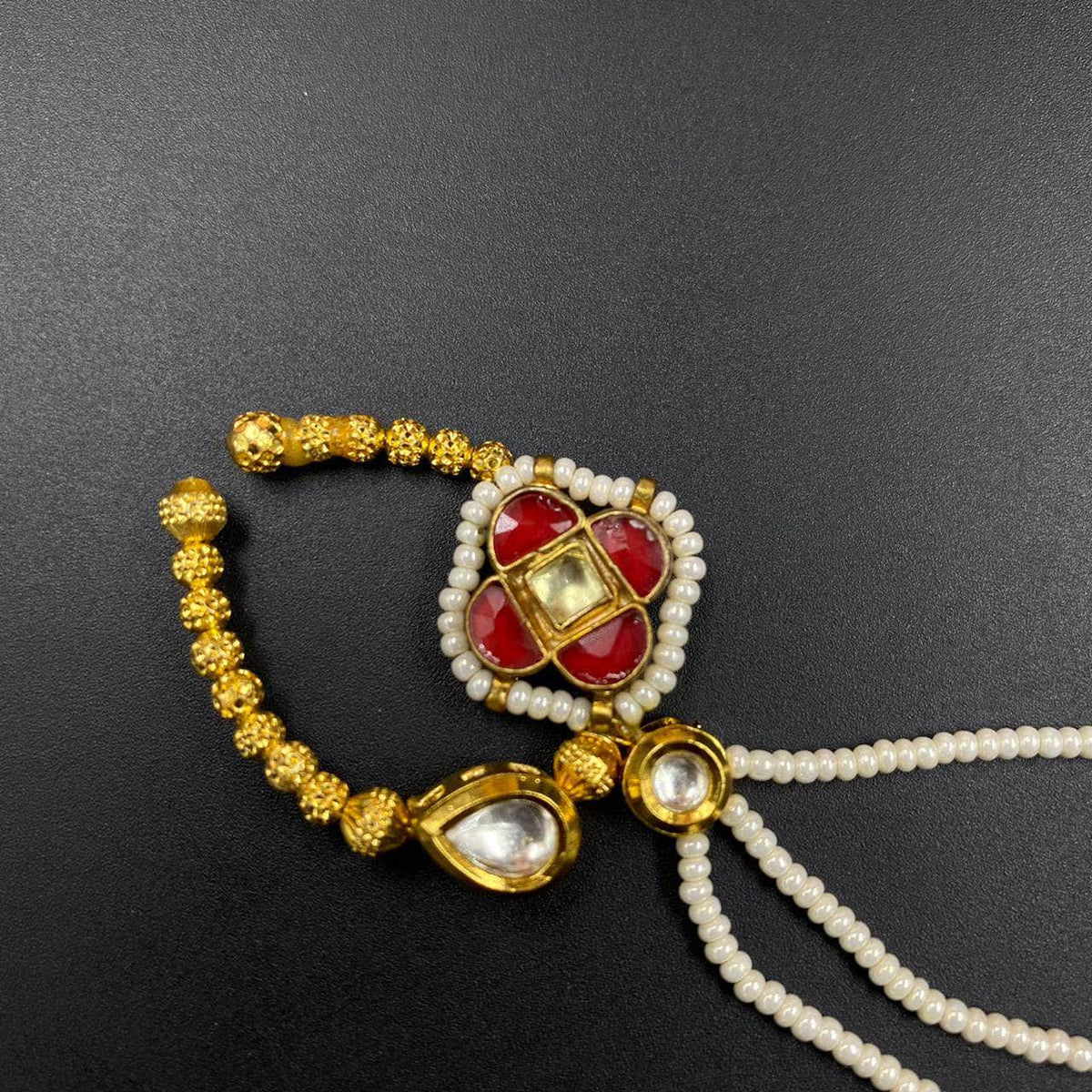 Zevar Nath Gold-Plated & White Kundan-Studded Pearl Beaded Chained Mehroon Bridal Nose Pin By Zevar