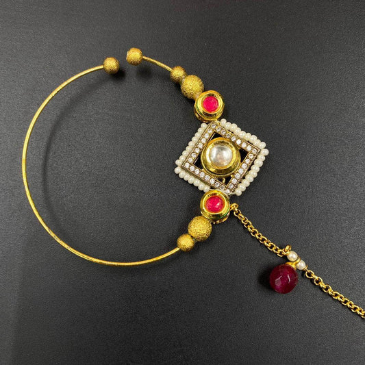 Zevar Nath Gold-Plated & White Kundan-Studded Red Pearl Beaded Chained Bridal Nose Pin By Zevar