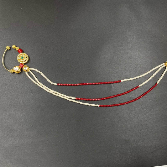Zevar Nath Gold-Plated & White Kundan-Studded Red Pearl Chained Bridal Nose Pin By Zevar