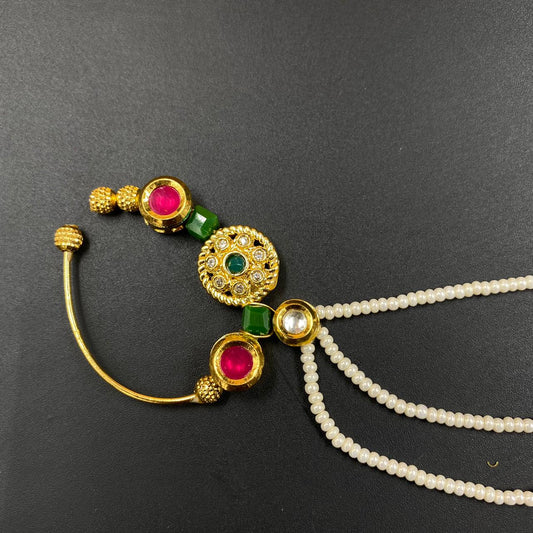 Zevar Nath Gold Plated & White Mehroon Pearl Studded Chained Bridal Nose Pin By Zevar