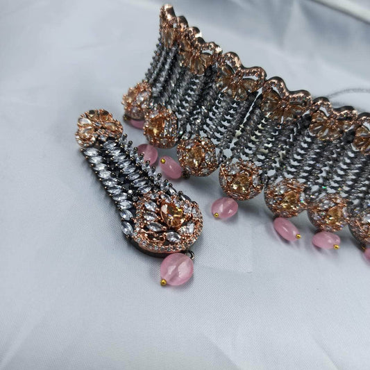 Zevar necklace ad Gold-Plated American Diamond Studded Jewellery Set