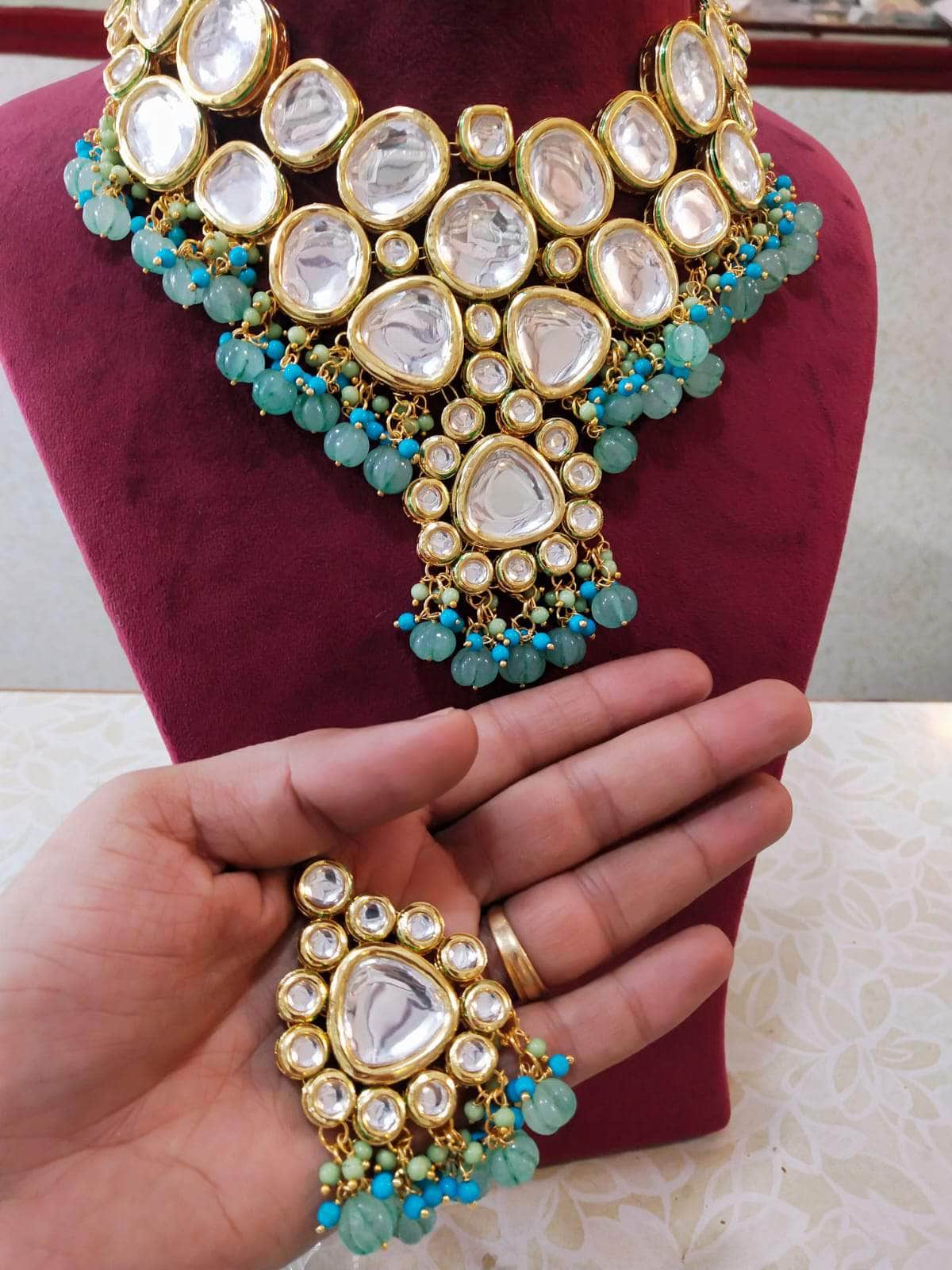 Zevar Necklace Gold Tone Kundan Necklace, Earrings With Mangtika by Zevar