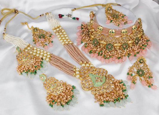 Green Kundan-Inspired Pearl Beaded Necklace with a Pair of Earrings and Mangtika - Zevar