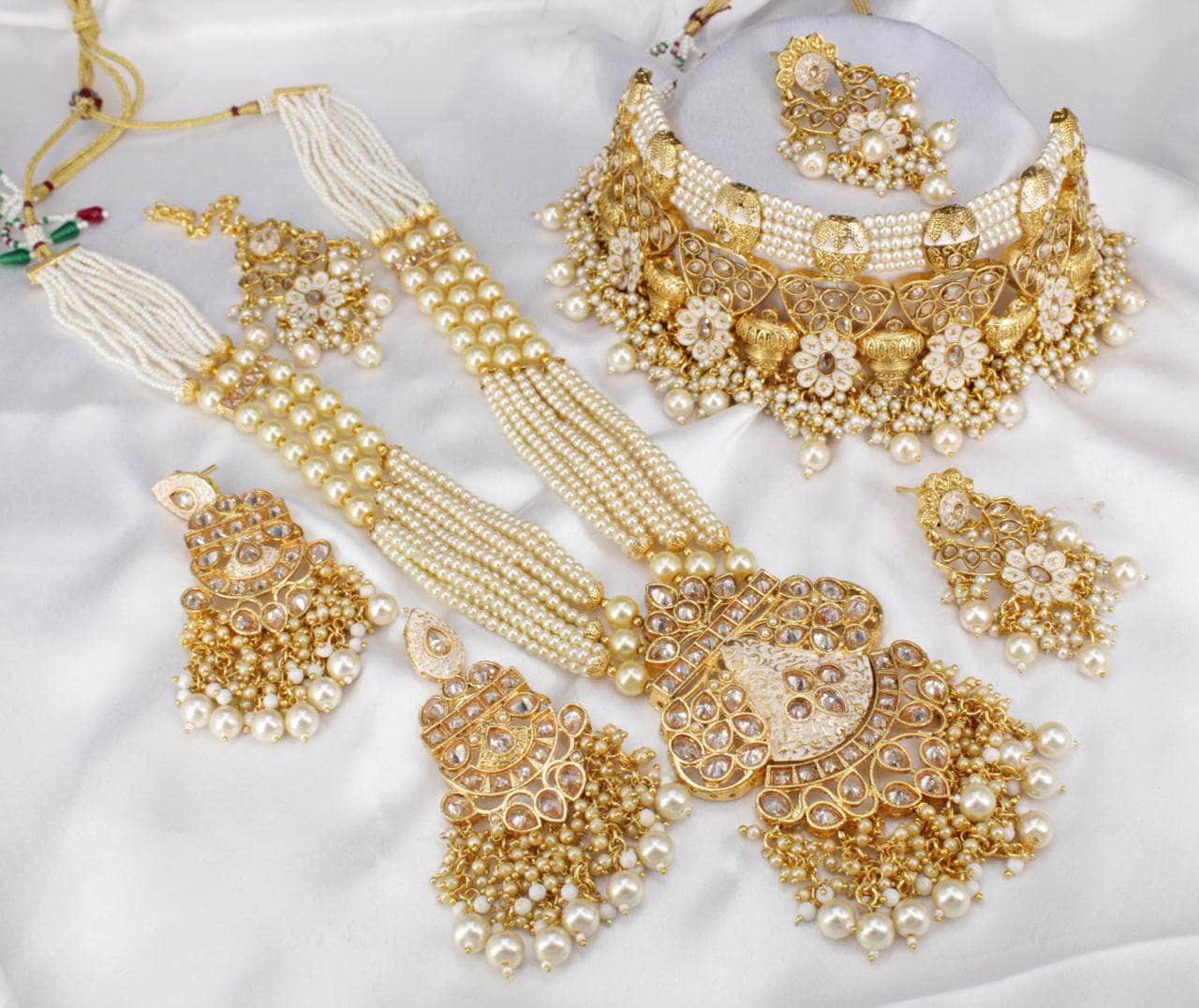 Green Kundan-Inspired Pearl Beaded Necklace with a Pair of Earrings and Mangtika - Zevar