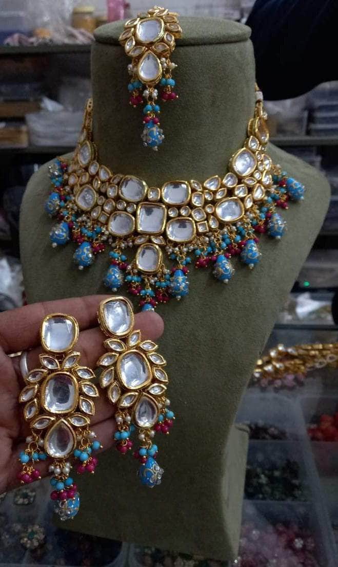Zevar Necklaces Kundan Handmade Hand Painted Meenakari Kundan Choker Emerald Semiprecious Stone Kundan Choker Necklace, By Zevar.