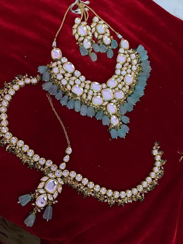 Zevar Necklaces Kundan Semi Bridal Necklace with Maang-Teeka Necklace Set By Zevar