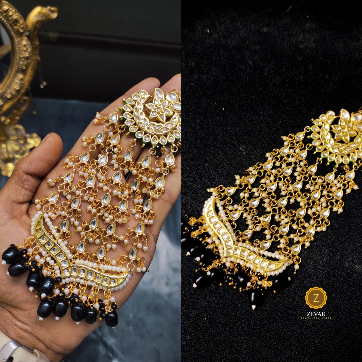 Zevar ZEVAR | Premium Quality black Gold Tone Kundan Passa with Pearls 3
