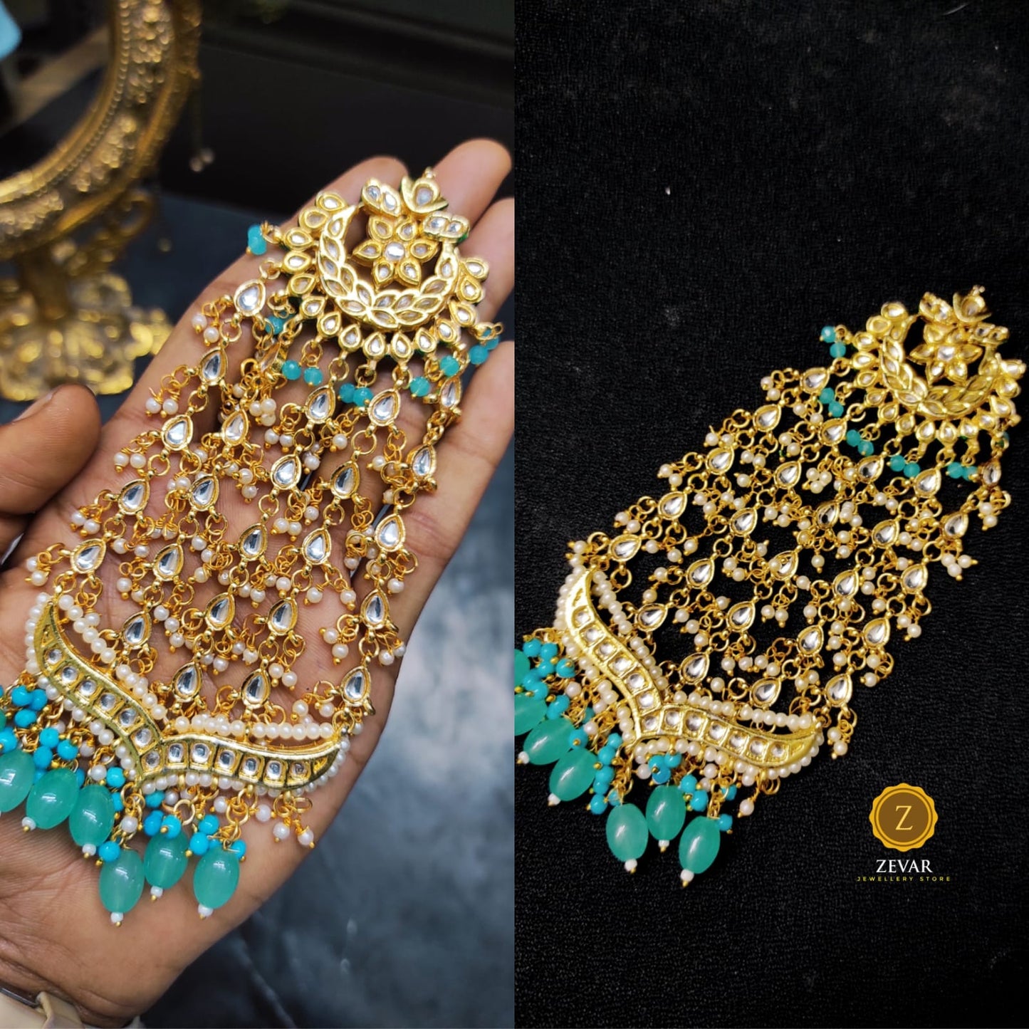 Zevar ZEVAR | Premium Quality blue Gold Tone Kundan Passa with Pearls 5
