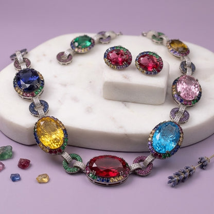 Antique Finish Rainbow Gemstone Necklace Set – High-Quality Multi-Stone Statement necklace