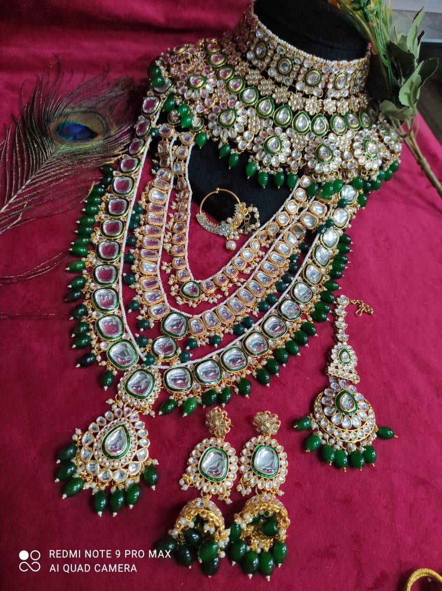 ir Jewelry Sets Kundan Heavy Jewelry Set in Green Color