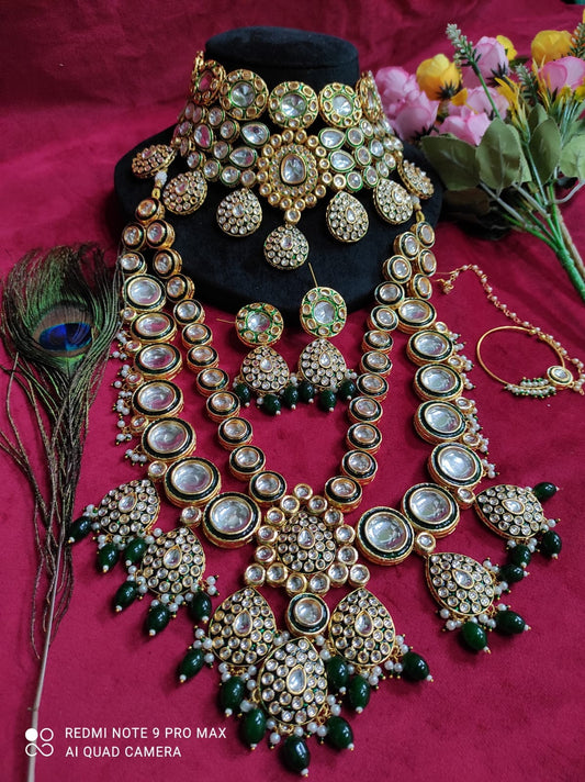LV Bridal jewelry Exquisite Green Kundan Polki Bridal Set with Choker, Nath, Long and Earrings
