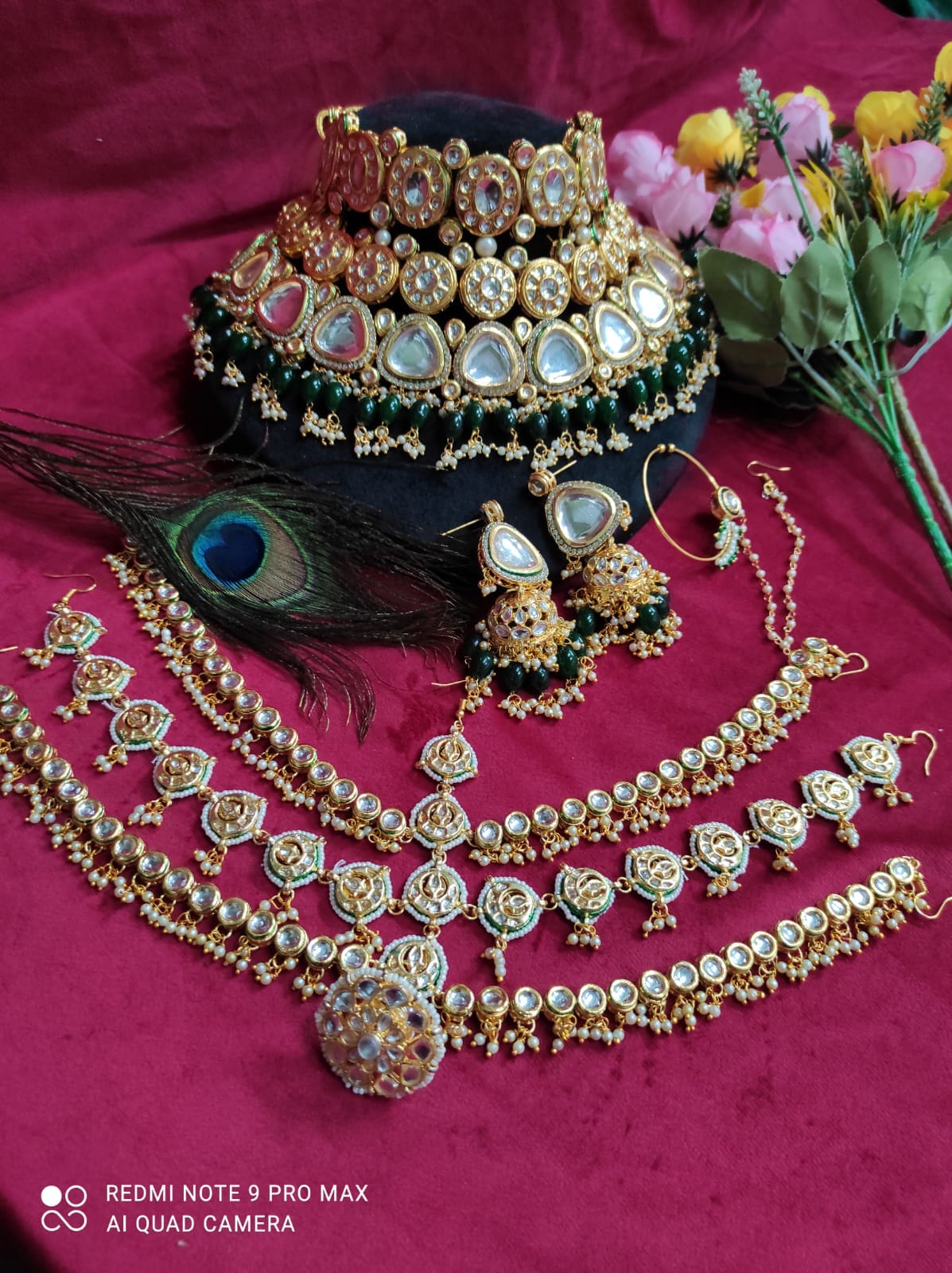 LV Bridal jewelry Kundan Polki Bridal Jewelry Set with Choker, Earrings, Nath, and Mathapatti