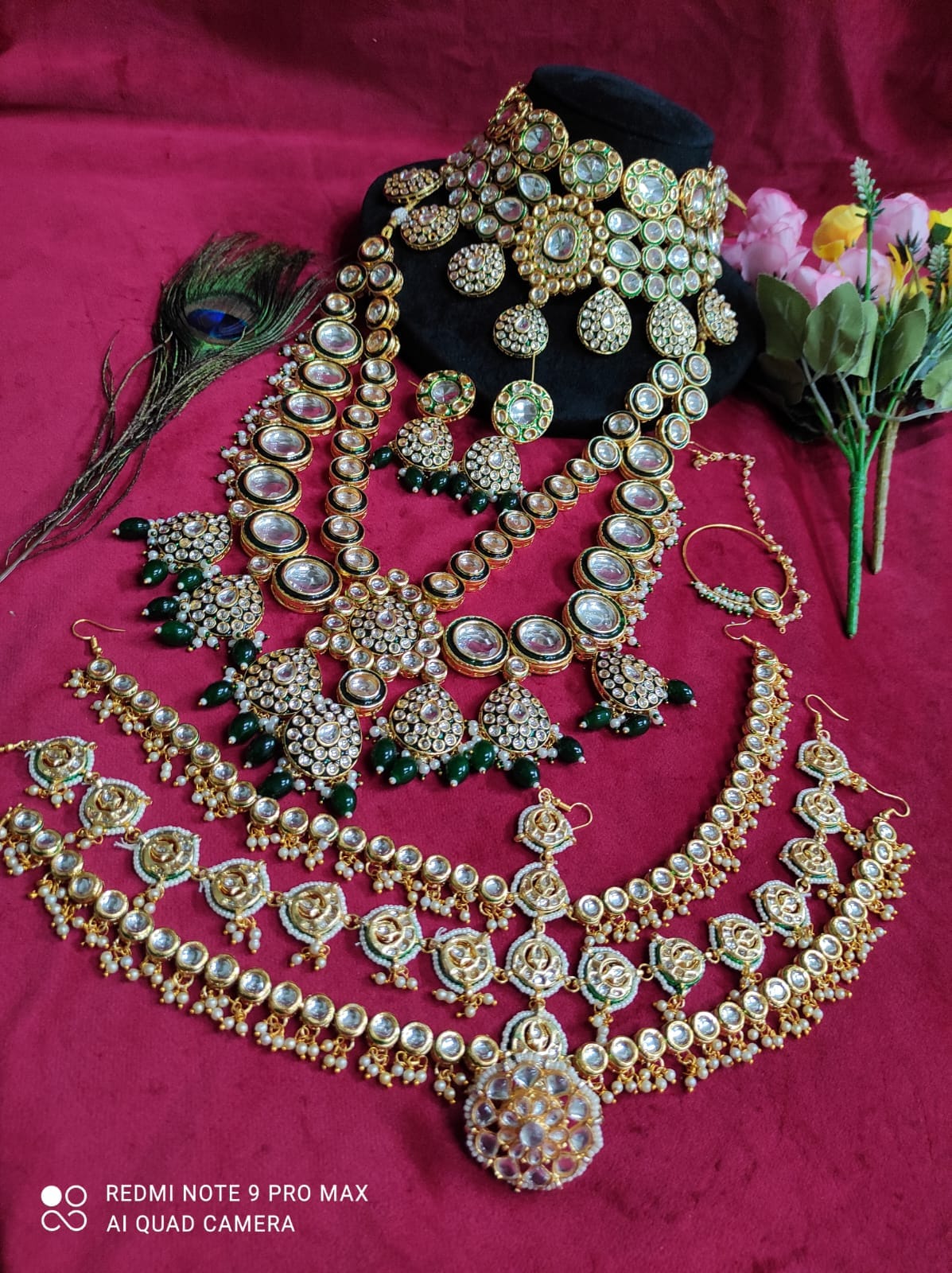 LV Bridal jewelry Kundan Polki Bridal Set with Choker, Long Necklace, Nath, Earrings, and Mathapatti