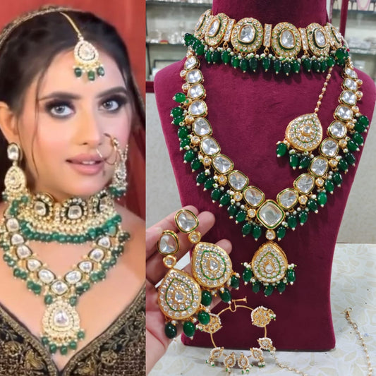 LV Necklace Elegant Golden Green Kundan Semi Bridal Jewelry Set