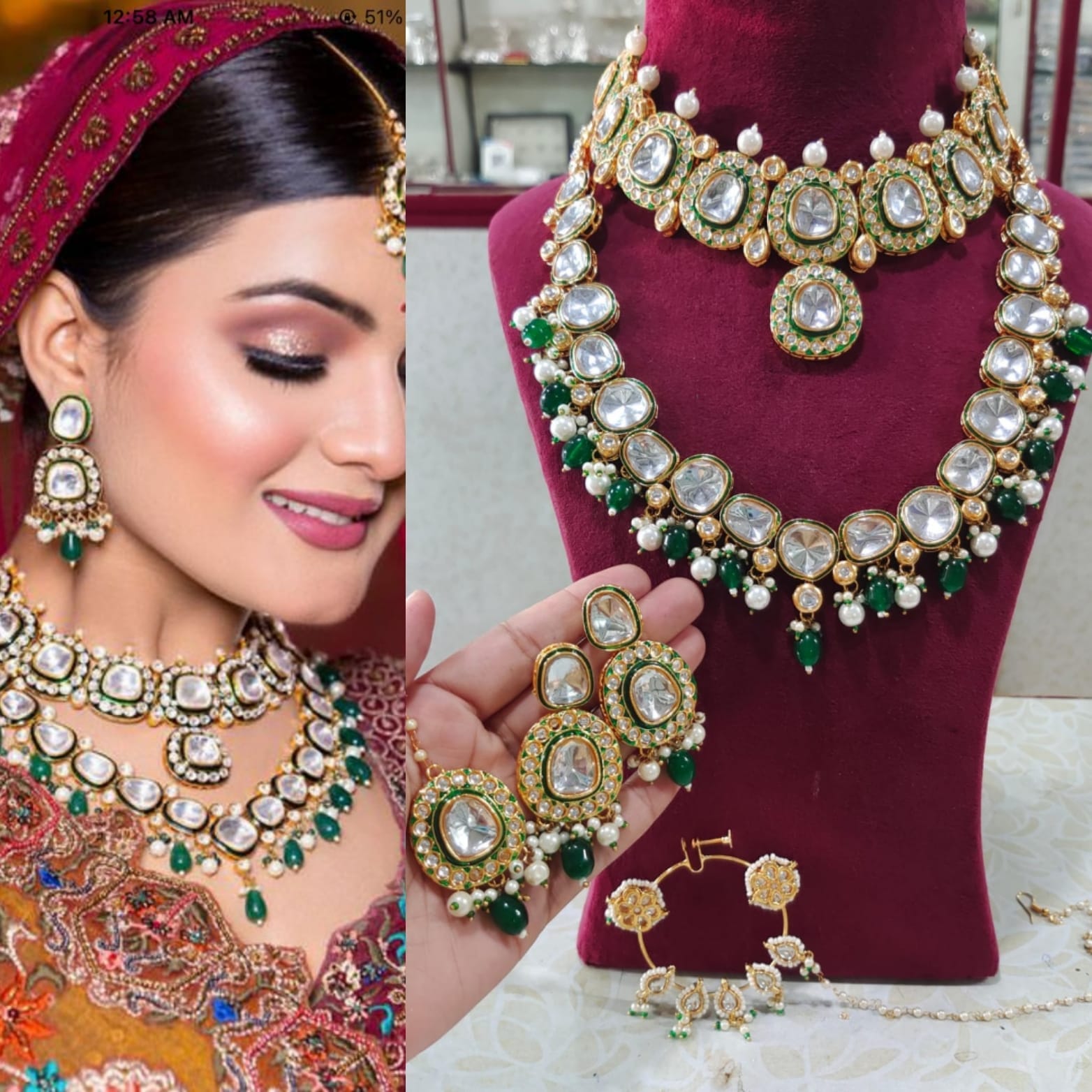 LV Necklace Exquisite Heavy Golden Green Kundan Semi Bridal Set