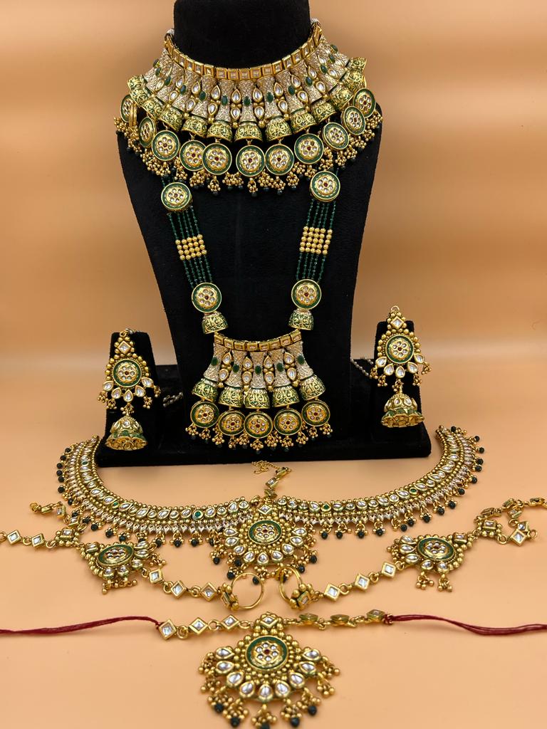 Om Sai Bridal Bridal jewelry Golden-Green ZEVAR I Marvelous Glorious Bridal Kundan Gold Plated Dulhan Set for Women