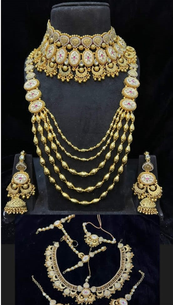 Om Sai Bridal Bridal jewelry ZEVAR I Marvelous Glorious Bridal Kundan Gold Plated Pearl Dulhan Set for Women