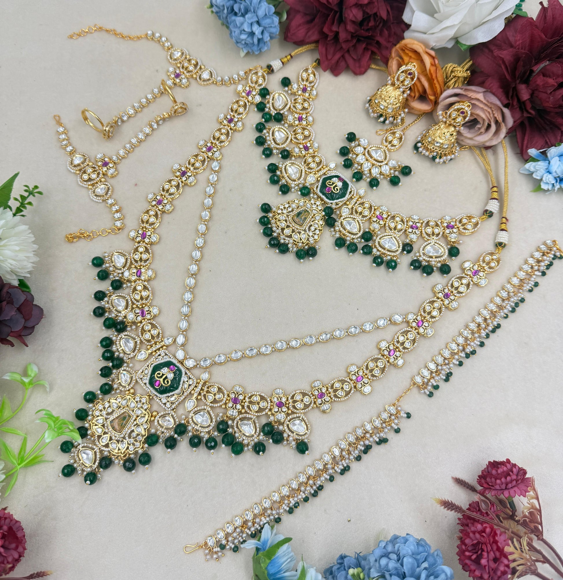 Om Sai Kundan Moissanite Bridal Jewellery Set with Necklace, Earrings, Sheeshphool & Hathphool – Green Beads Polki Wedding Set