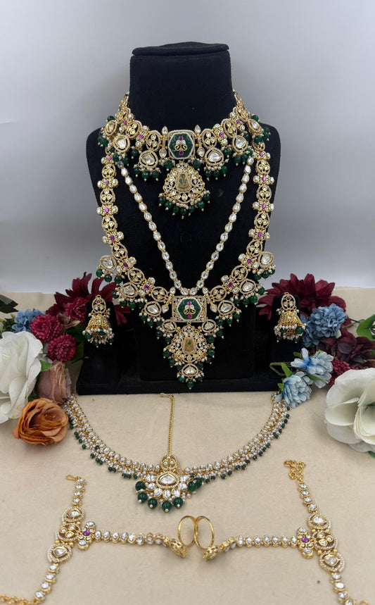 Om Sai Kundan Moissanite Bridal Jewellery Set with Necklace, Earrings, Sheeshphool & Hathphool – Green Beads Polki Wedding Set