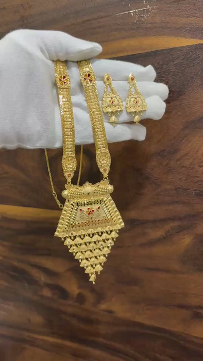 1 Gram Gold Plated Traditional Long Pendant Necklace Set with Earrings | Antique Bridal Jewellery for Women