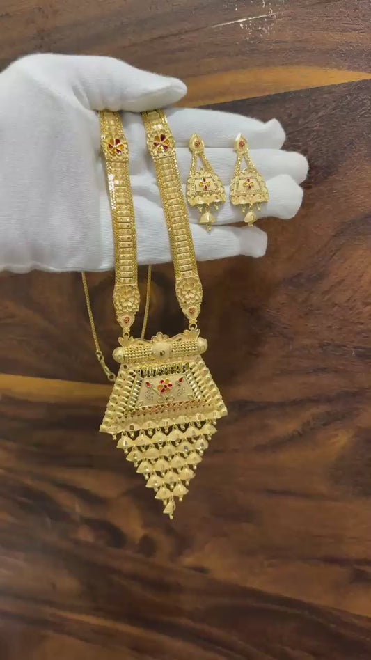 1 Gram Gold Plated Traditional Long Pendant Necklace Set with Earrings | Antique Bridal Jewellery for Women