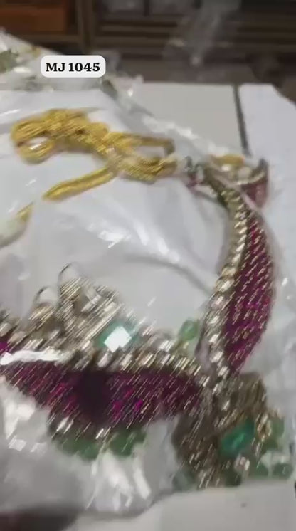 Royal Emerald & Ruby Beaded Choker Necklace with Kundan Pendant