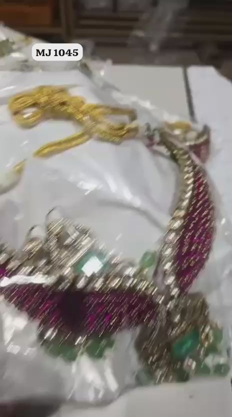 Royal Emerald & Ruby Beaded Choker Necklace with Kundan Pendant