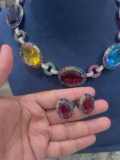 Antique Finish Rainbow Gemstone Necklace Set – High-Quality Multi-Stone Statement necklace