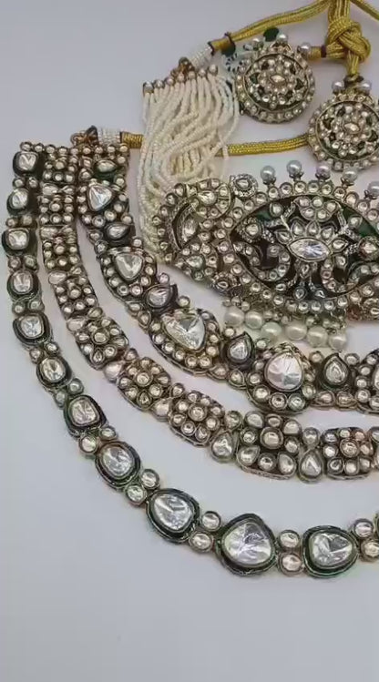 Royal Gold Finish Moissanite Kundan Bridal Necklace Set with Pearl Strings