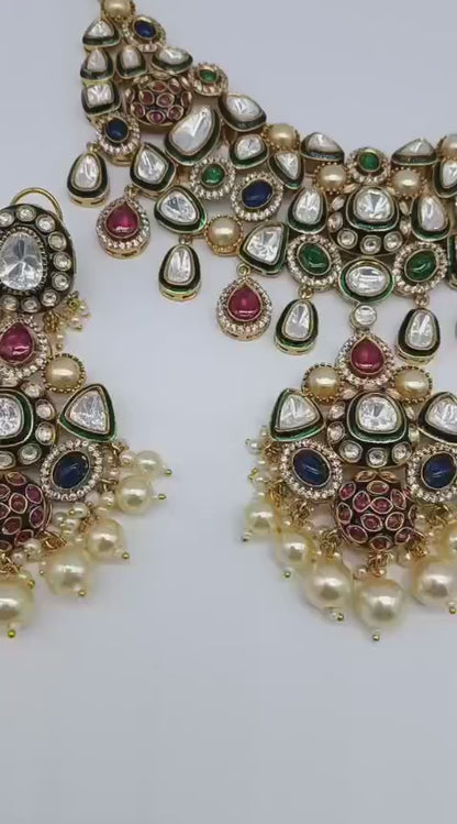 Royal Gold Finish Moissanite Kundan Bridal Necklace Set with Pearl Drop Earrings