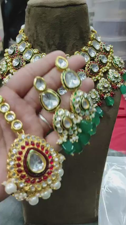 Bridal Kundan Necklace Set with Green Beads, Red Stones & Earrings
