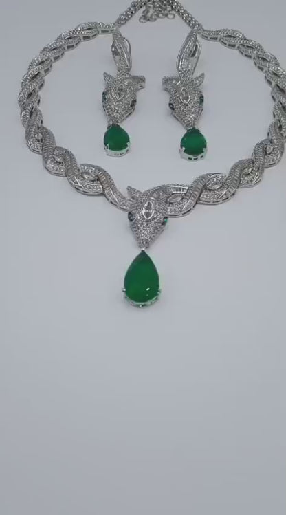 Silver Finish Emerald Green Doublet Stone Choker Necklace Set