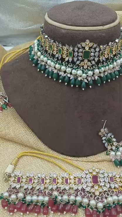 Exquisite Polki AD Choker Necklace Set | Bridal Jewellery