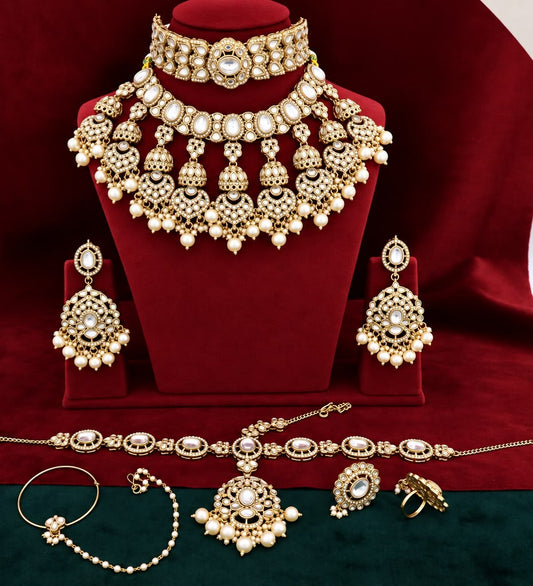 Kundan Semi Bridal Jewellery Set with Choker, Layered Necklace, Earrings, Matha Patti, Nath & Ring