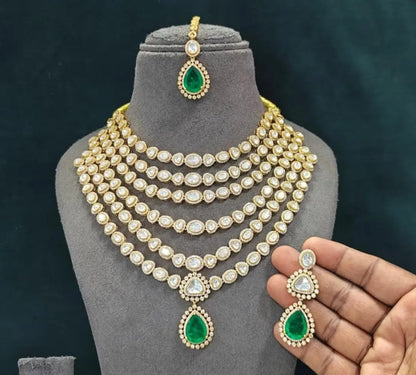 6 Layer Long Polki Necklace Set with Earrings & Maang Tikka