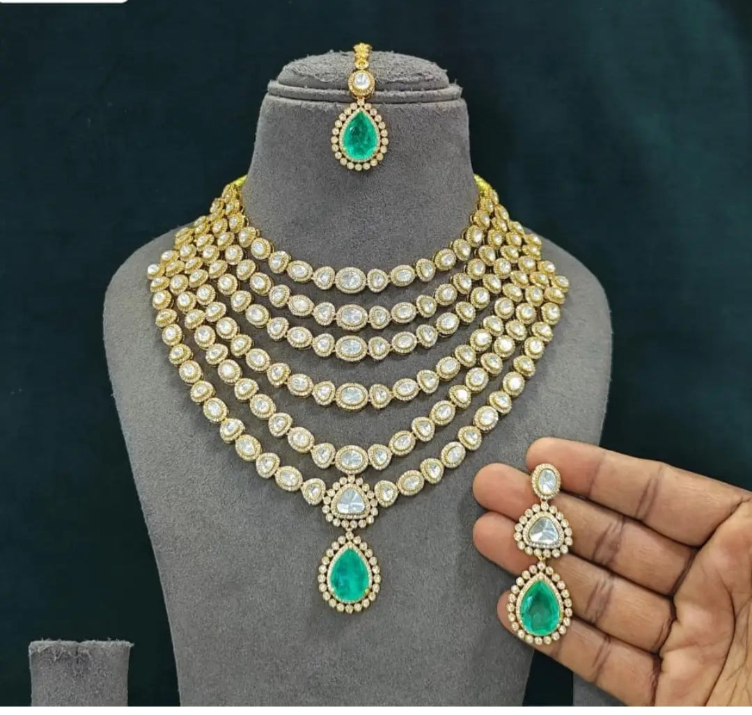 6 Layer Long Polki Necklace Set with Earrings & Maang Tikka