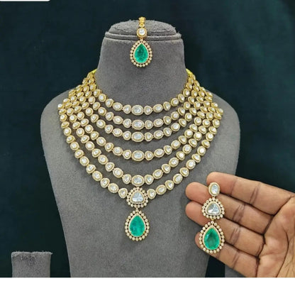 6 Layer Long Polki Necklace Set with Earrings & Maang Tikka