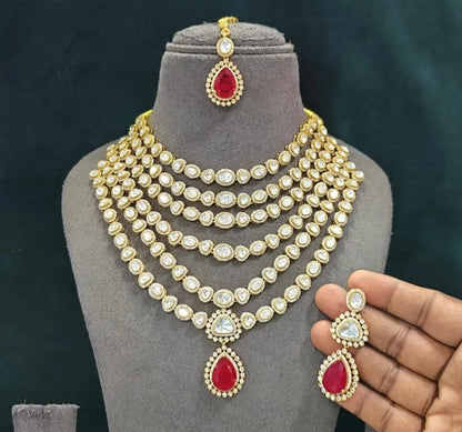 6 Layer Long Polki Necklace Set with Earrings & Maang Tikka