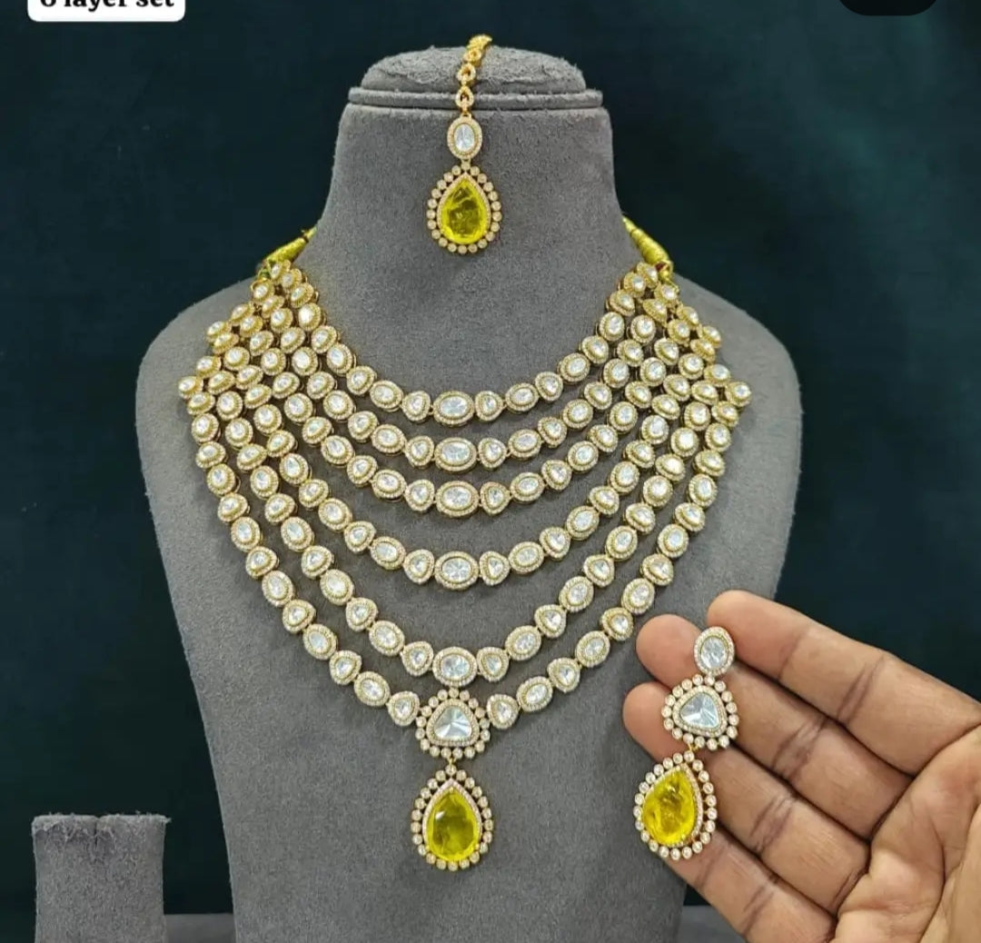6 Layer Long Polki Necklace Set with Earrings & Maang Tikka