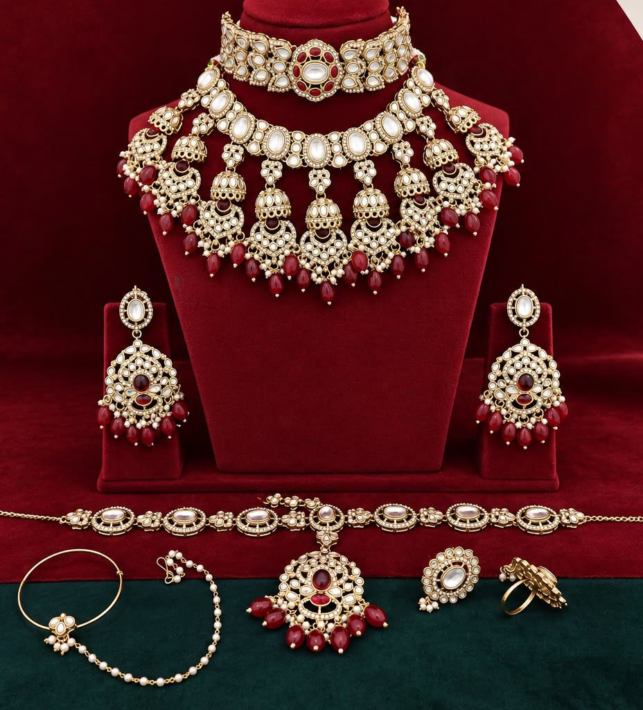 Kundan Semi Bridal Jewellery Set with Choker, Layered Necklace, Earrings, Matha Patti, Nath & Ring